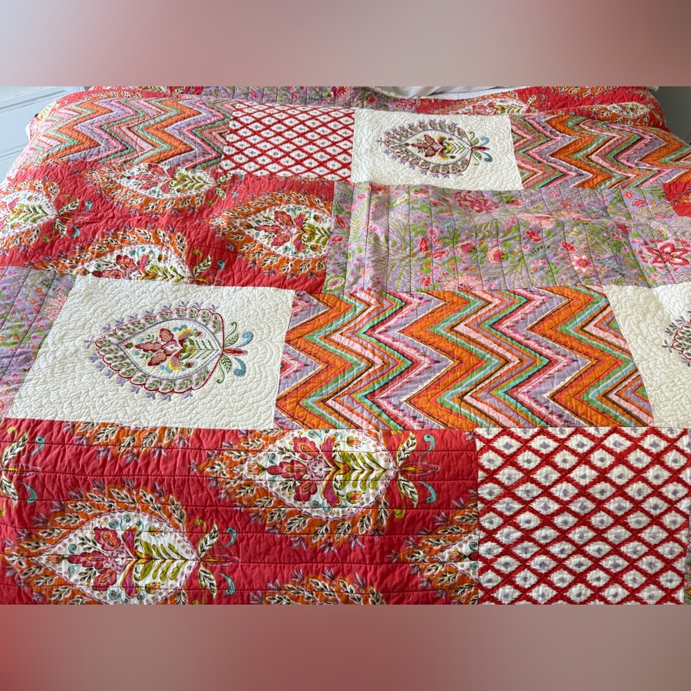 Dena Home | Twin | Bohemian Red Orange Quilt Embroidered Reversible | 87” X 66”